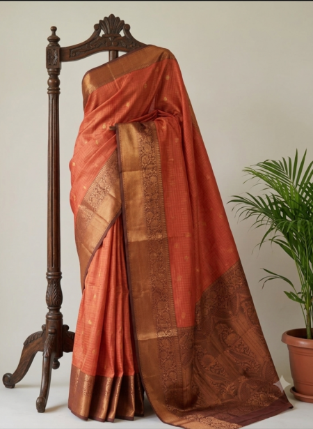 Rust Orange Checked Saree