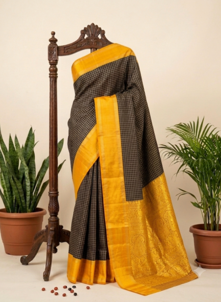 Yellow Black Checked Saree